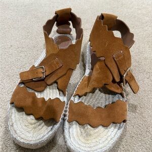 Chloe Tan Suede Scalloped Sandals